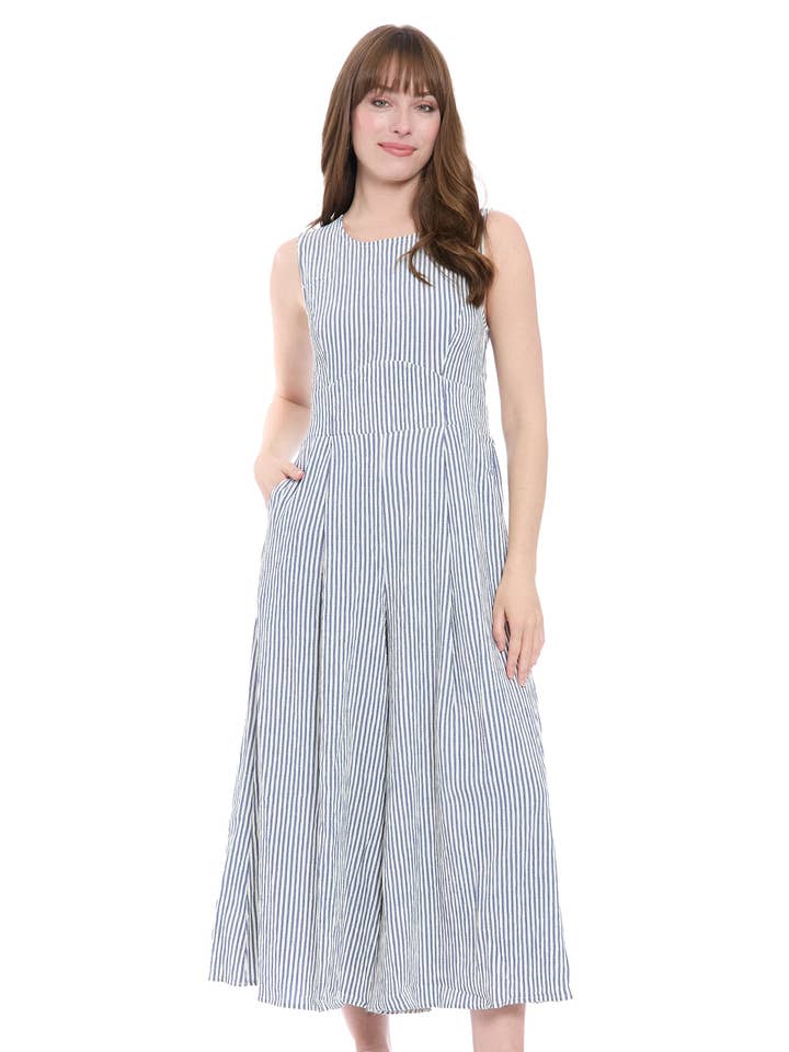 JEWEL NECK CORSET WAIST SMOCKED BACK CROPPED JUMPSUIT for wholesale by Maggy London Group