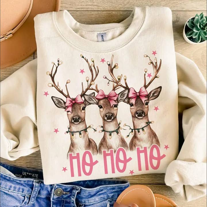 HO HO HO reindeer pink Christmas sweatshirt for wholesale by StricklandDesignCo