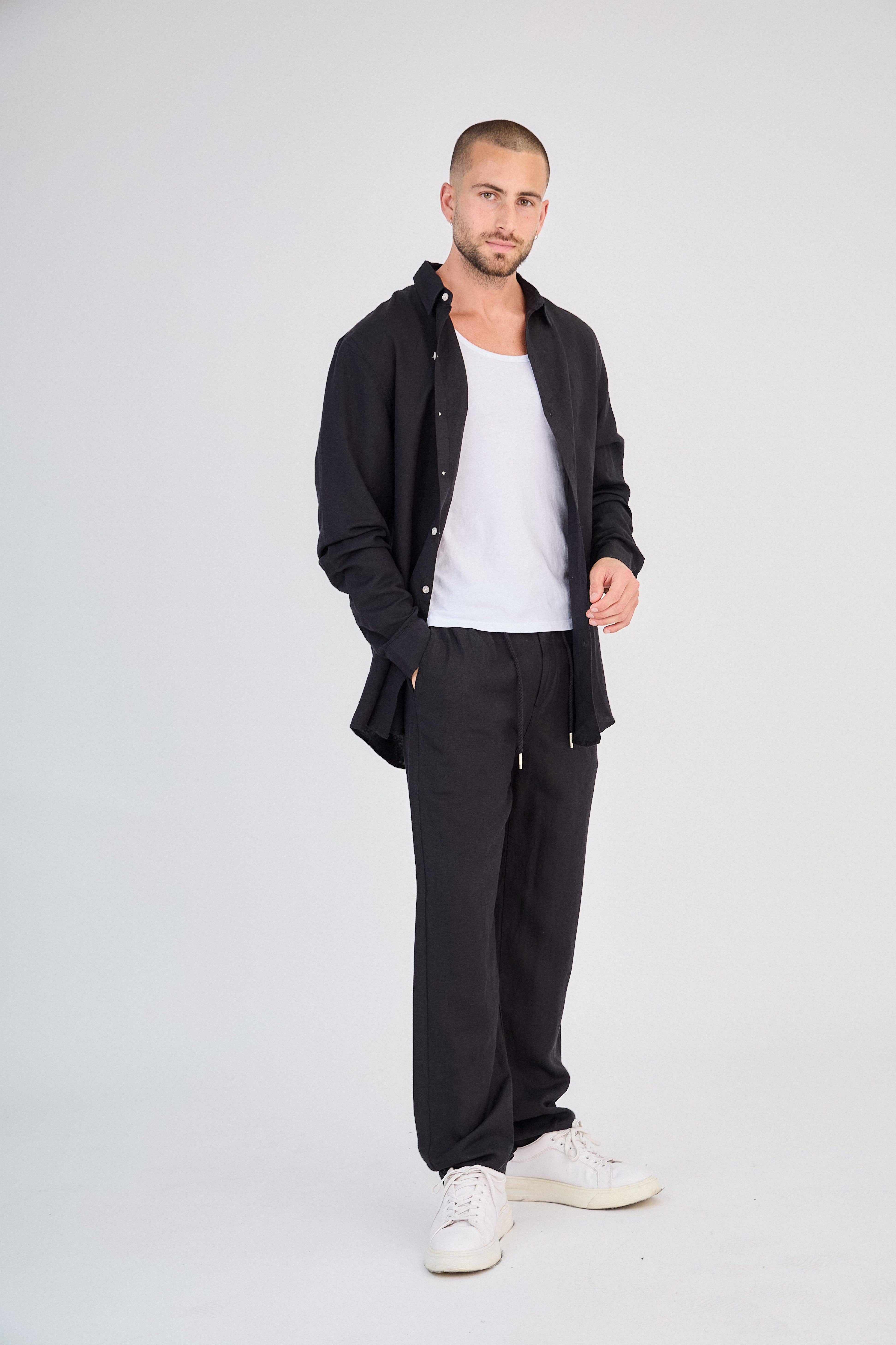 TOP MONDAY – Engroshandel Skjorte - Herre – Sort langærmet hørskjorte1