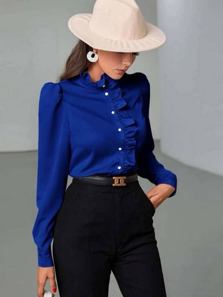 NINEXIS - Wholesale Blouse - Women's - CWTBLS2041_SOLID COLOR RUFFLED LONG SLEEVE BLOUSE3