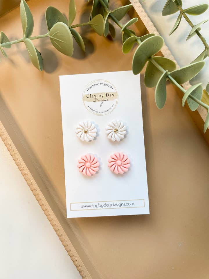 Pink & White Daisy Flower Stud Earrings - polymer clay for wholesale by Clay by Day Designs