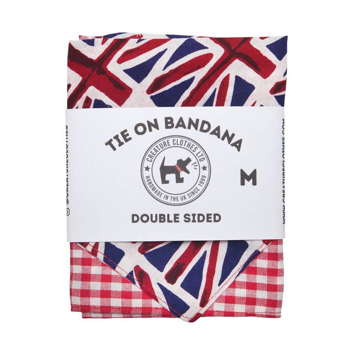 Tie on Dog Bandana - Union Jack Flag and Red Gingham for wholesale by Creature Clothes