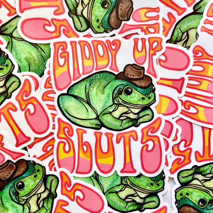 Hollandaize Art - Wholesale Sticker - "Giddy Up Sluts" Cowboy Frog Bumper Sticker