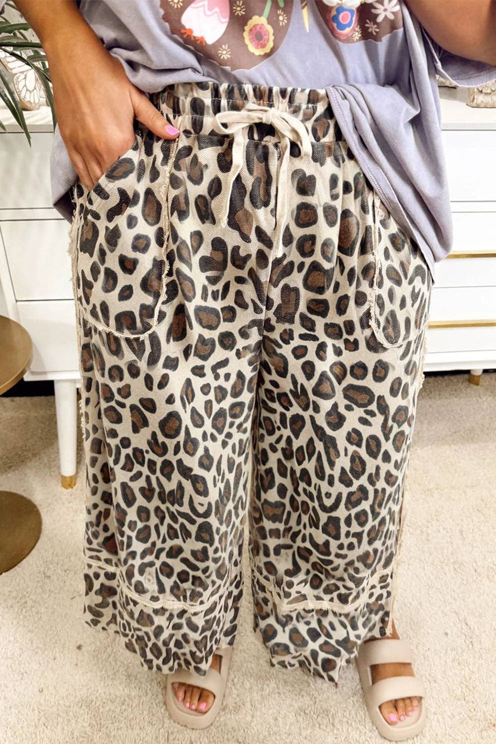 Khaki Exposed Seam Patched Pocket Plus Size Drawstring Leopard Wide Leg Pants for wholesale on Faire