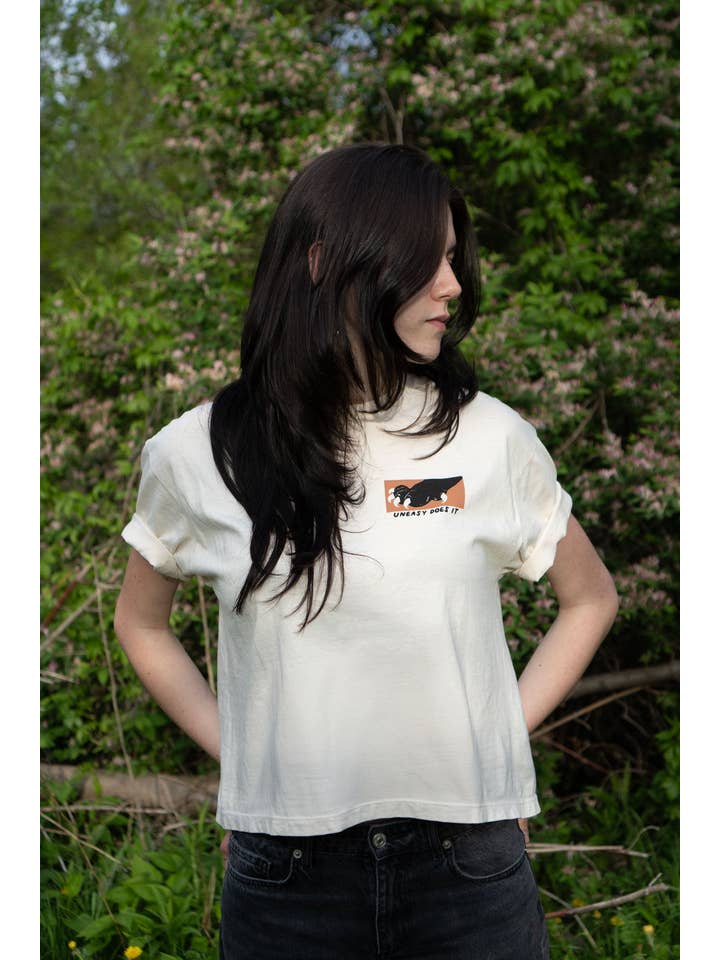Cream Uneasy Does It Boxy Tee | Women's Cat Print Graphic T shirt for wholesale on Faire