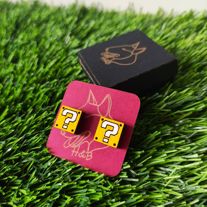 Wooden Colorful Super Mario Box Earrings Handmade Jewel for wholesale by Herbs&Belles