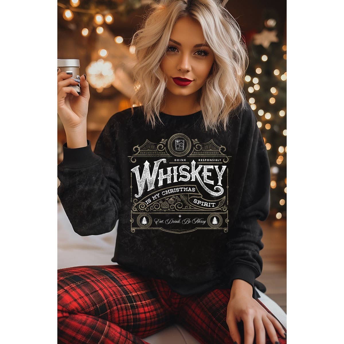 HRTandLUV - Wholesale Sweatshirt - Women's - WHISKEY IS MY CHRISTMAS MINERAL GRAPHIC SWEATWHIRTS1