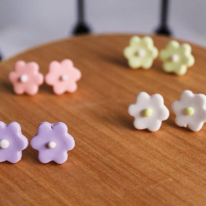 Dainty Daisy Studs - Handmade Polymer Clay Earrings for wholesale by Sweet Caroline Clay