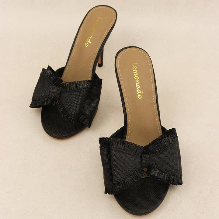 BEACH HOUSE - Mules à nœud en raphia, finition tissée, talon aiguille pour la vente par Lemonade Shoes