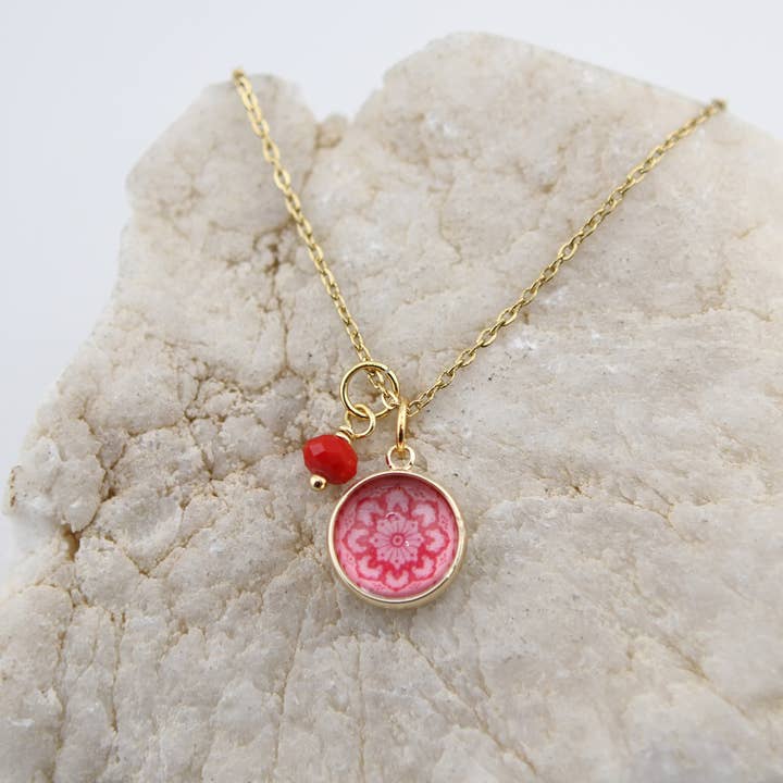 Vintage Wallpaper Pink and Red Medallion Necklace for wholesale by Jennifer Dahl Designs LLC