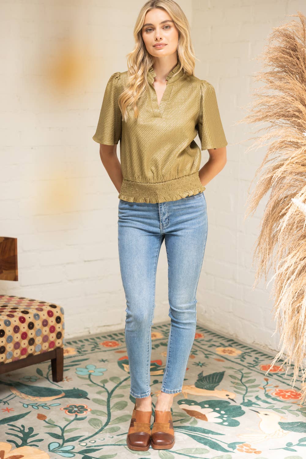 VOY - Wholesale Blouse - Women's - 35926 Smocked Hem and Solid Textured Top7