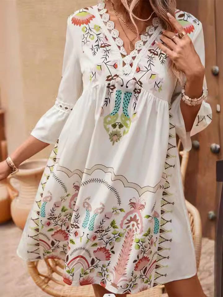 Lily Clothing - Wholesale Dress - Women's - V-neck lace patchwork complete with printed dress10