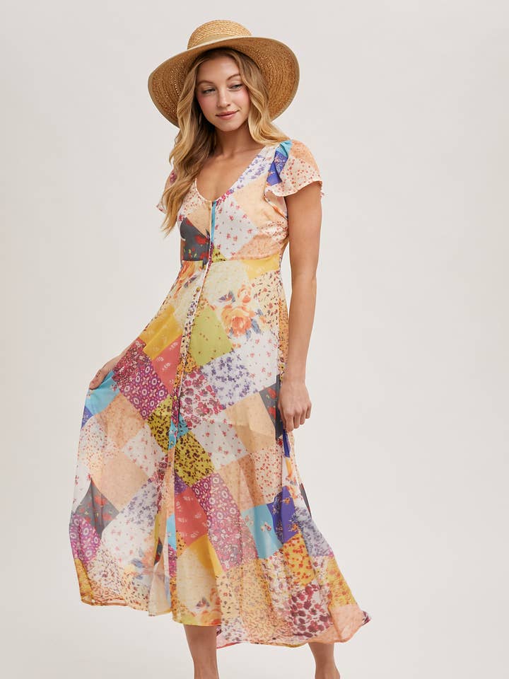 Bluivy - Wholesale Dress - Women's - QUILT PRINTED BUTTON DOWN MAXI DRESS