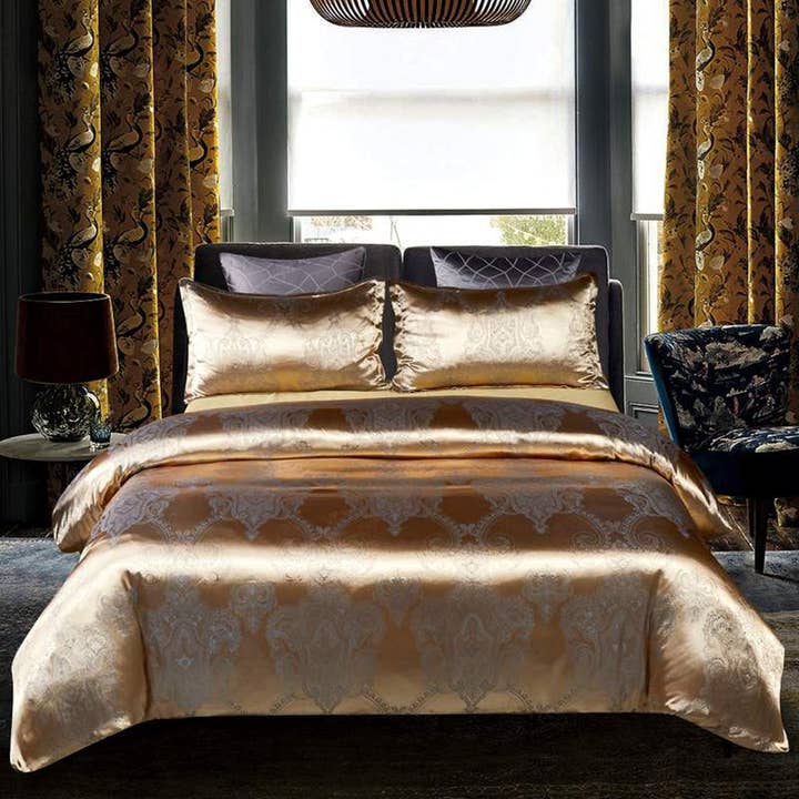 Luxury Duvet Cover Set Gold, Jacquard Fabric Aesthetic Bedding Decorative, Embroidered Bedding Set for wholesale by daintyduvet