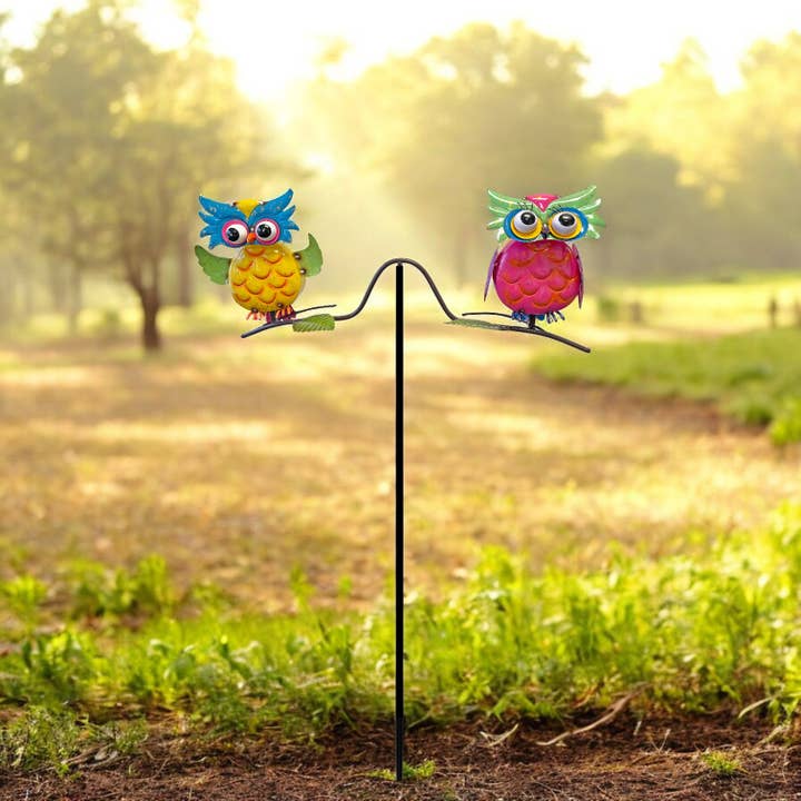 Painted and Enameled Metal Two Owls Balancer Garden Stake for wholesale by Continental Art Center
