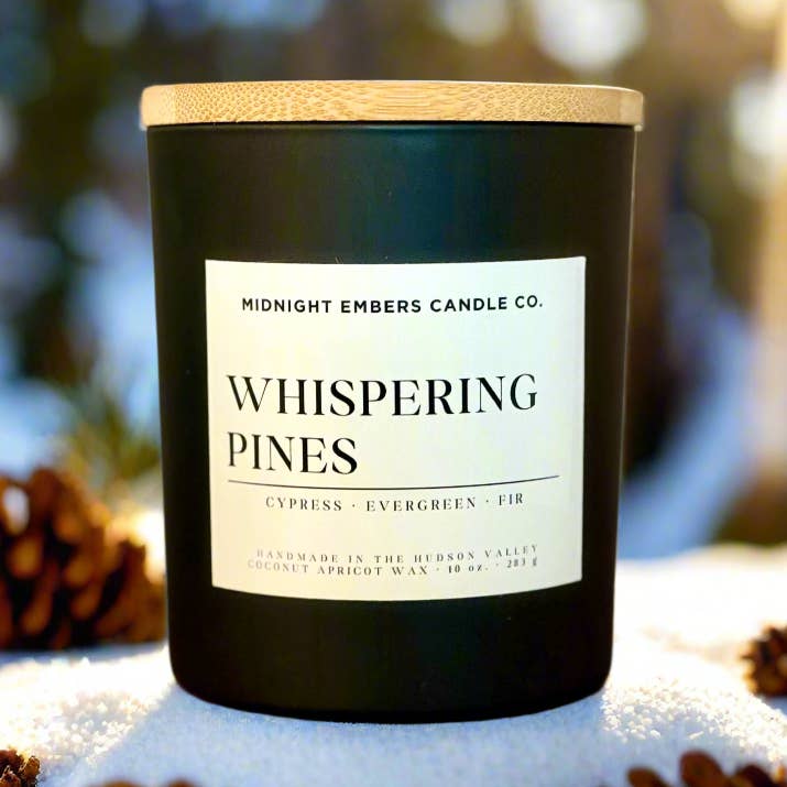 Whispering Pines 8 oz. Candle for wholesale by Midnight Embers Candle Co.