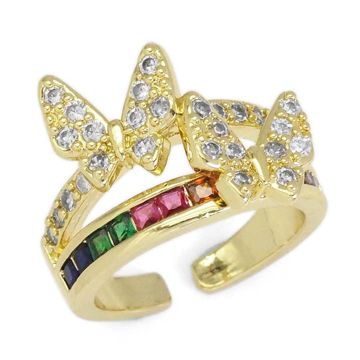 Guld Färgglada Baguette CZ fjäril justerbar Ring, Sku #LD459 för wholesale av BestBeads&Beyond