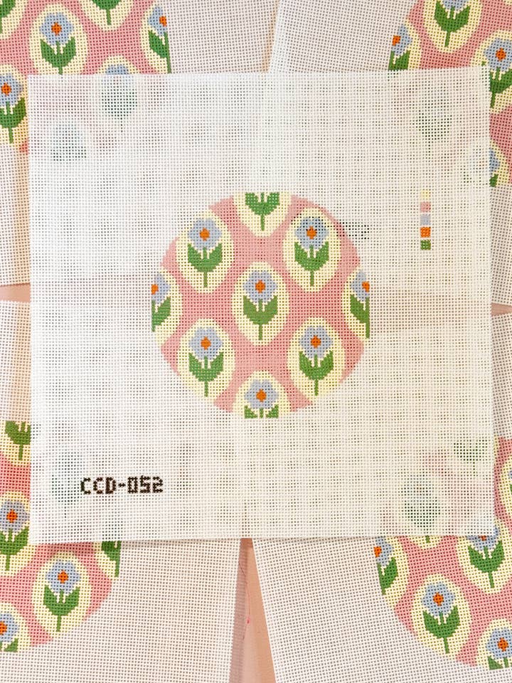 Repeating Flower 4” Round Needlepoint 18 Mesh Canvas, Trendy Needlepoint Canvas for wholesale by Cotswold Co Designs