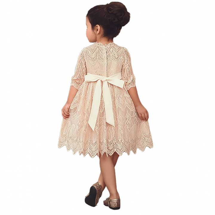 Fennco Styles - Wholesale Dress - Kids - Beige Vintage Lace 3/4 Sleeve A-Line Girl Dress 2