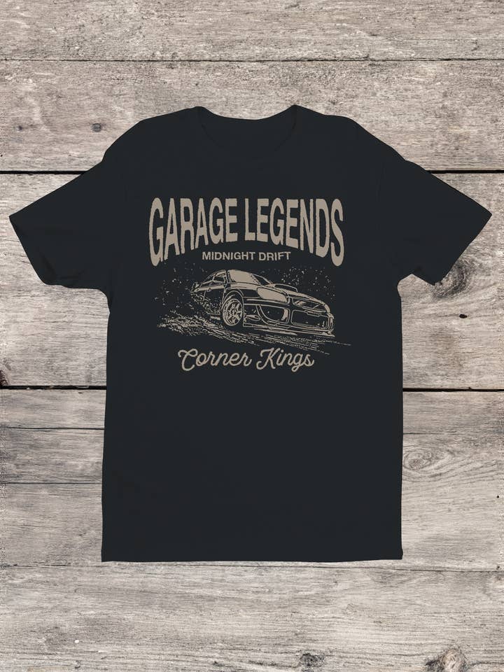 Black Midnight Drift Garage Legends Men's T-shirt for wholesale on Faire0