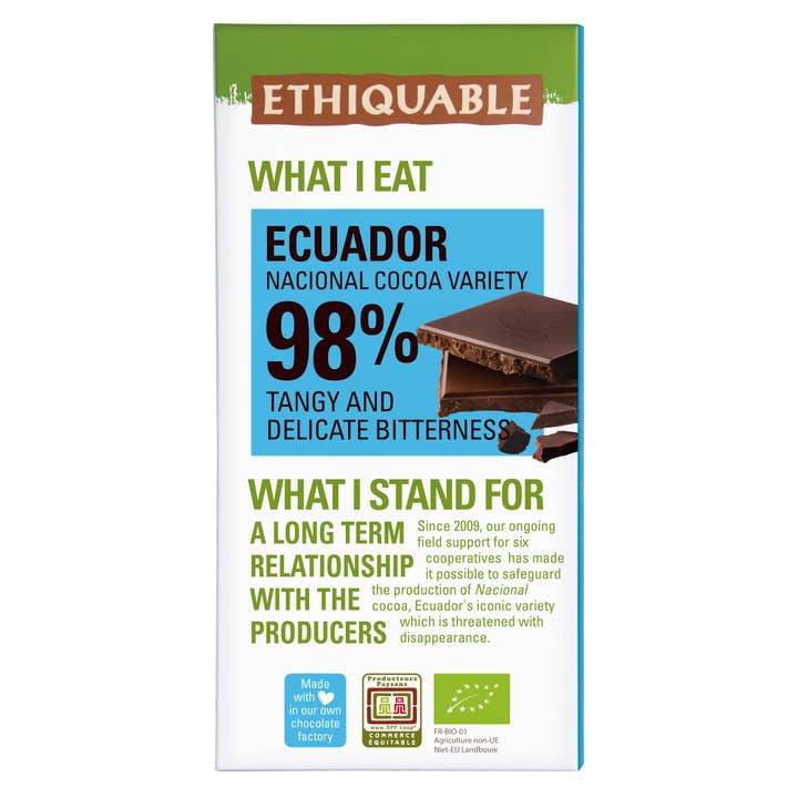 Mørk Chokolade 98% - Ecuador 100g for engroshandel hos Ethiquable