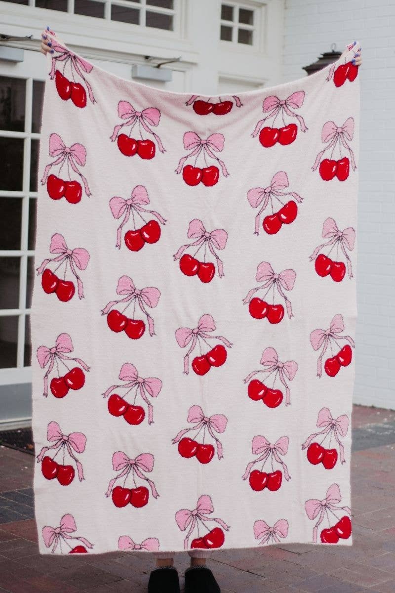 Light Pink Cherry Bows All Over Soft Wholesale Blanket for wholesale on Faire1