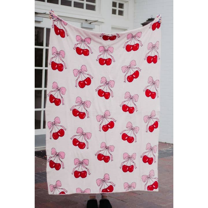 Light Pink Cherry Bows All Over Soft Wholesale Blanket for wholesale on Faire1