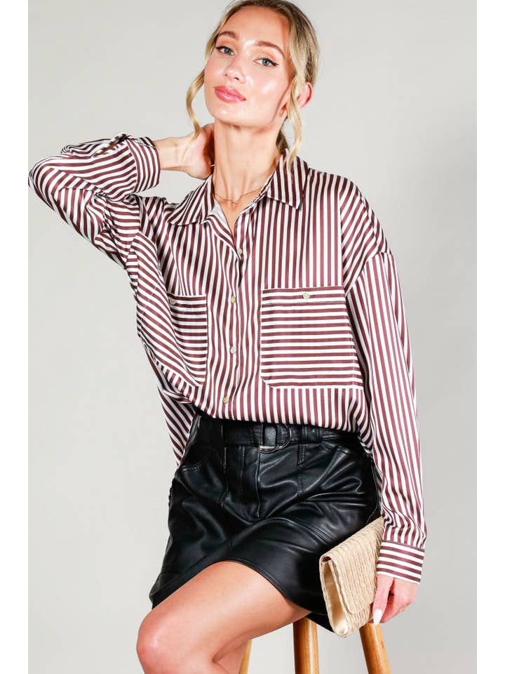 Vine & Love - Wholesale Button Down Shirt - Women's - Collar Neckline Pocket Detail Striped Satin Shirt VT813147