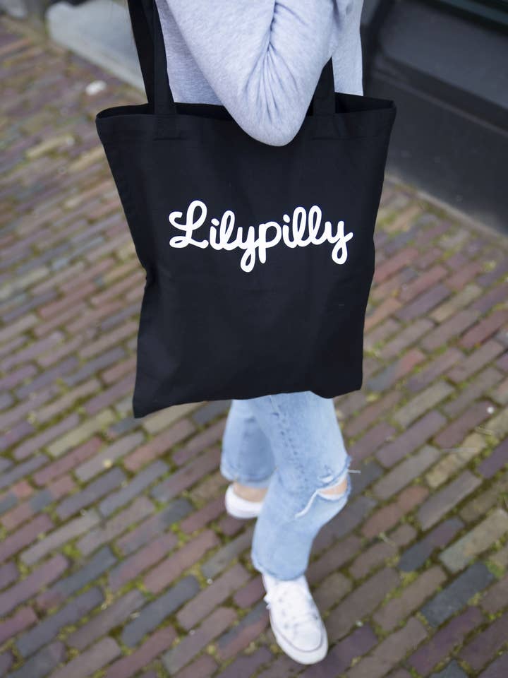 Sacola de algodão preto com arte impressa Lilypilly por atacado de Lilypilly
