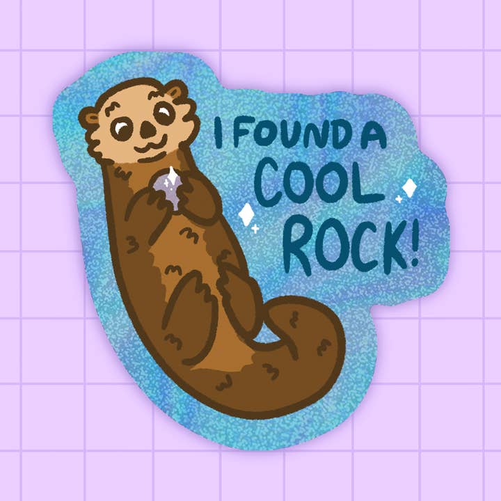 Otter with a Rock Holographic Glitter Sticker for wholesale by 2Birds1Pencil Illustrations