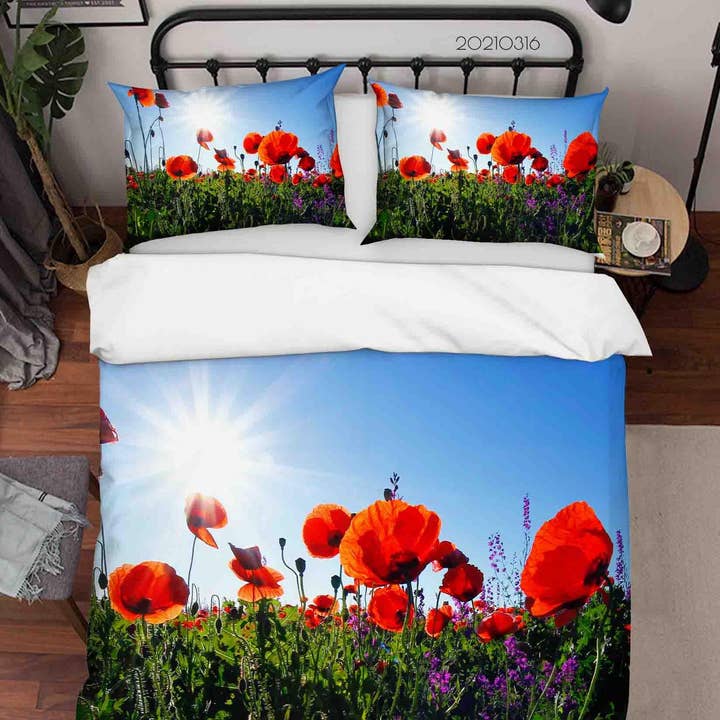 3D Blue Sky Sunshine Poppy Floral Quilt Cover Set Bedding Set Duvet Cover Pillowcases 146 for wholesale by Jess Art Decoration