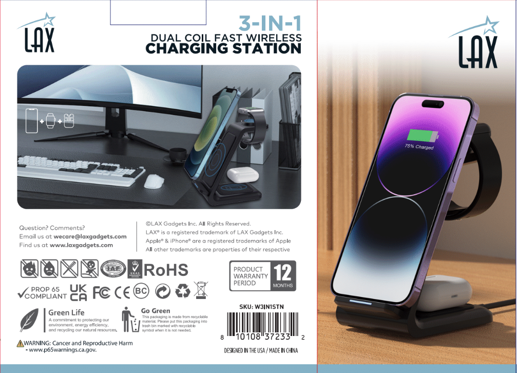 LAX Gadgets – Base e suporte para telefone por atacado – Estação de carregamento rápida 3 em 1 para iPhone/iPad - embalagem para varejo9