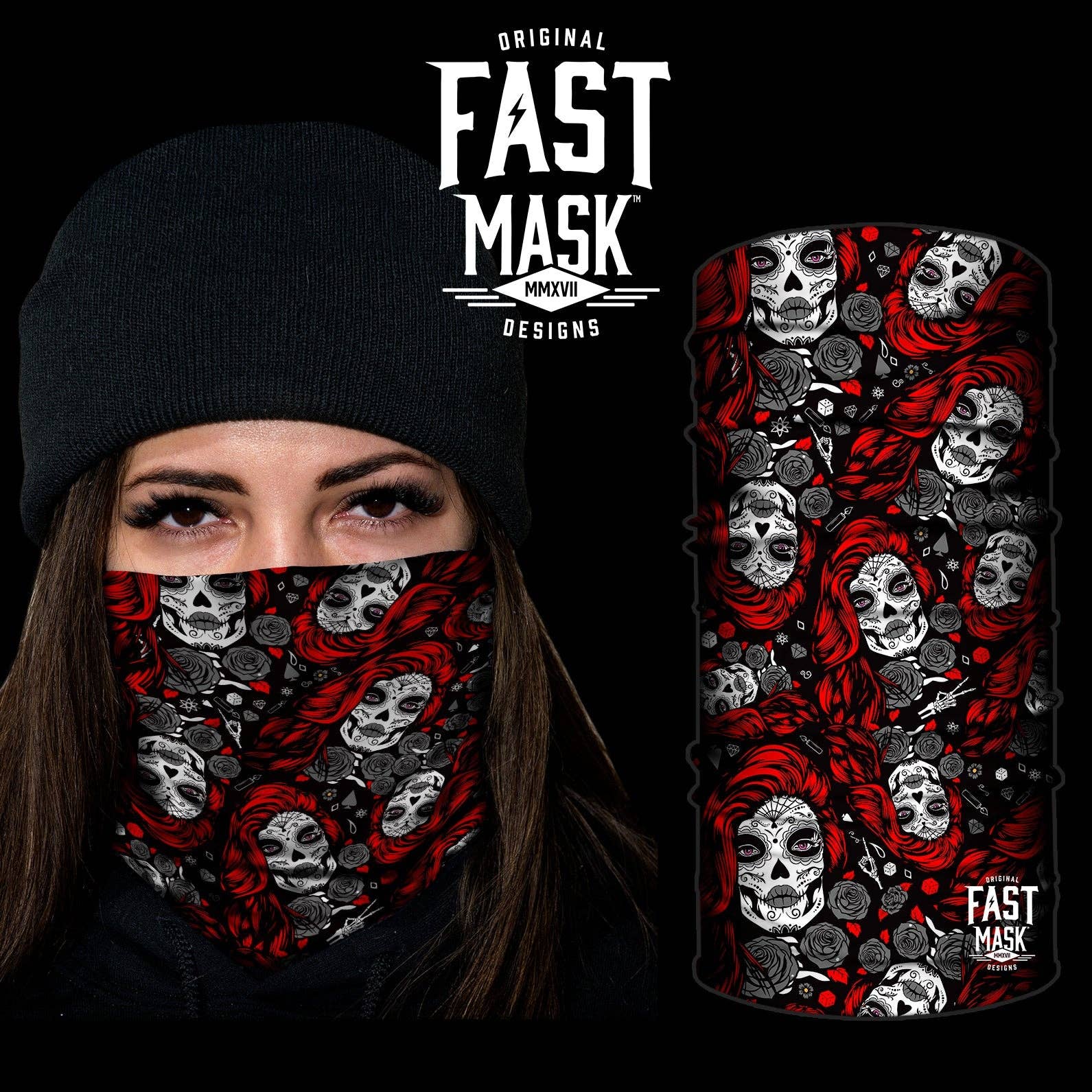 Live Fast Gear - Wholesale Neck Gaiter/Snood - Men's - Red Santa Muerte Neck Gaiter * Now With Sewn Edges*2