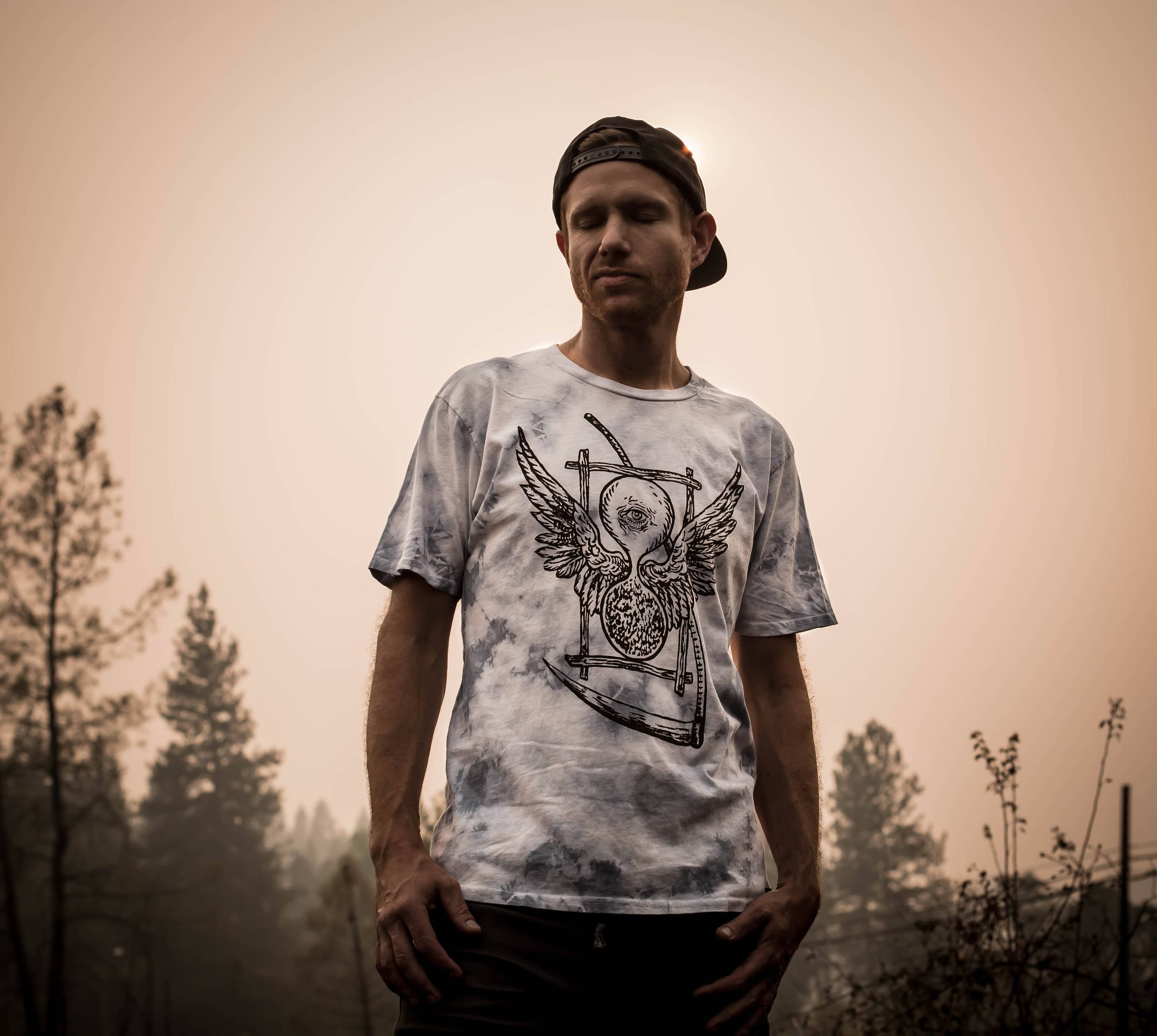 Sacred State Design - Wholesale Screen Printed T-Shirt - Men's - Pyramid Oracle Hourglass & Scythe Blue Dyed T-Shirt4