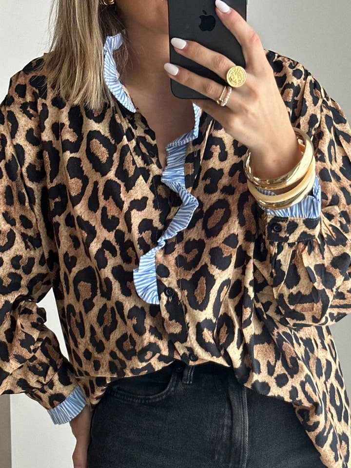 Brown Wild Leopard Print Contrast Striped Frilled Trim Chic Shirt for wholesale by Lovesoft