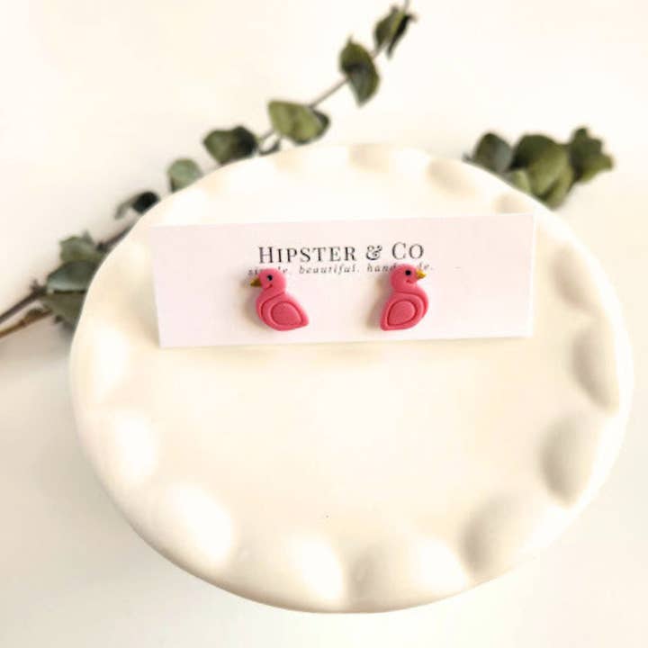 Pink Flamingo Polymer Clay Stud Earrings for wholesale by Hipster & Co