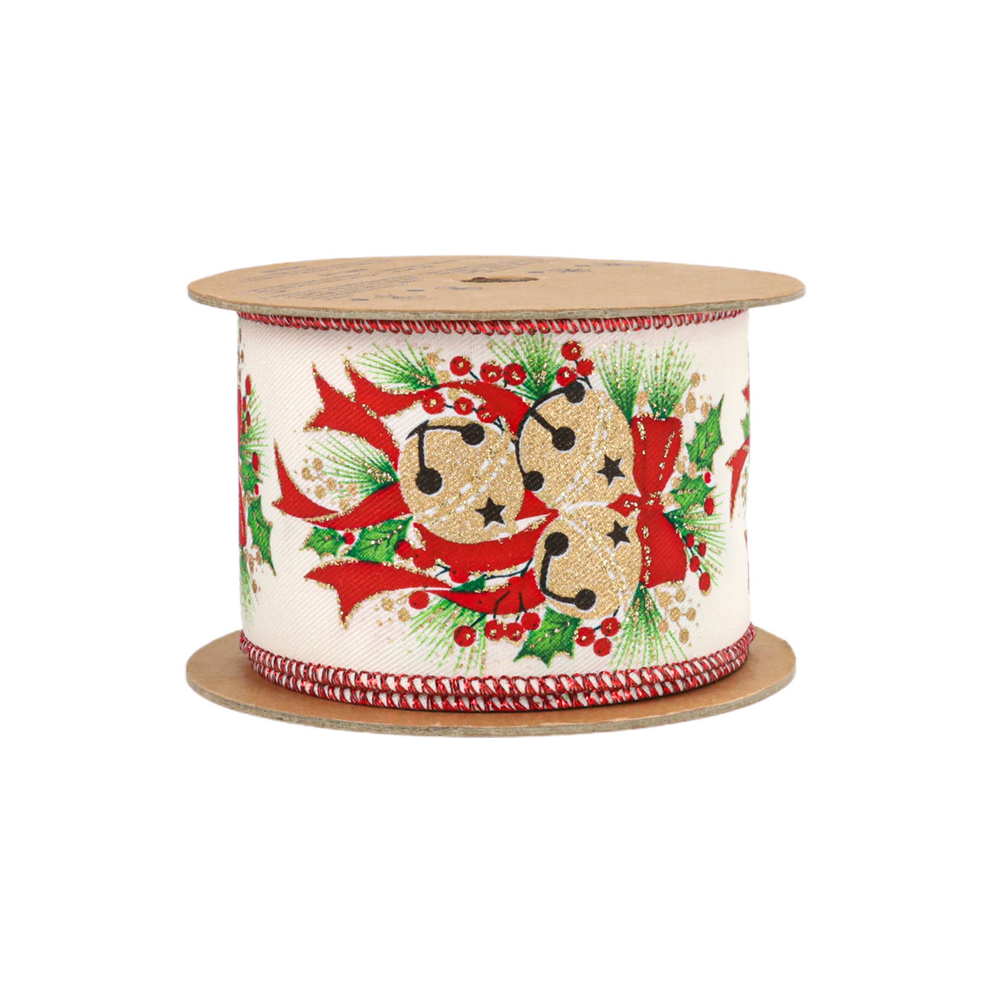 LA Ribbons Wholesale – fita para embrulhar presentes por atacado – Fita de Natal com Arame 2 1/2" | Sinos Brancos c/ Azevinho | Rolo de 10 Jardas4