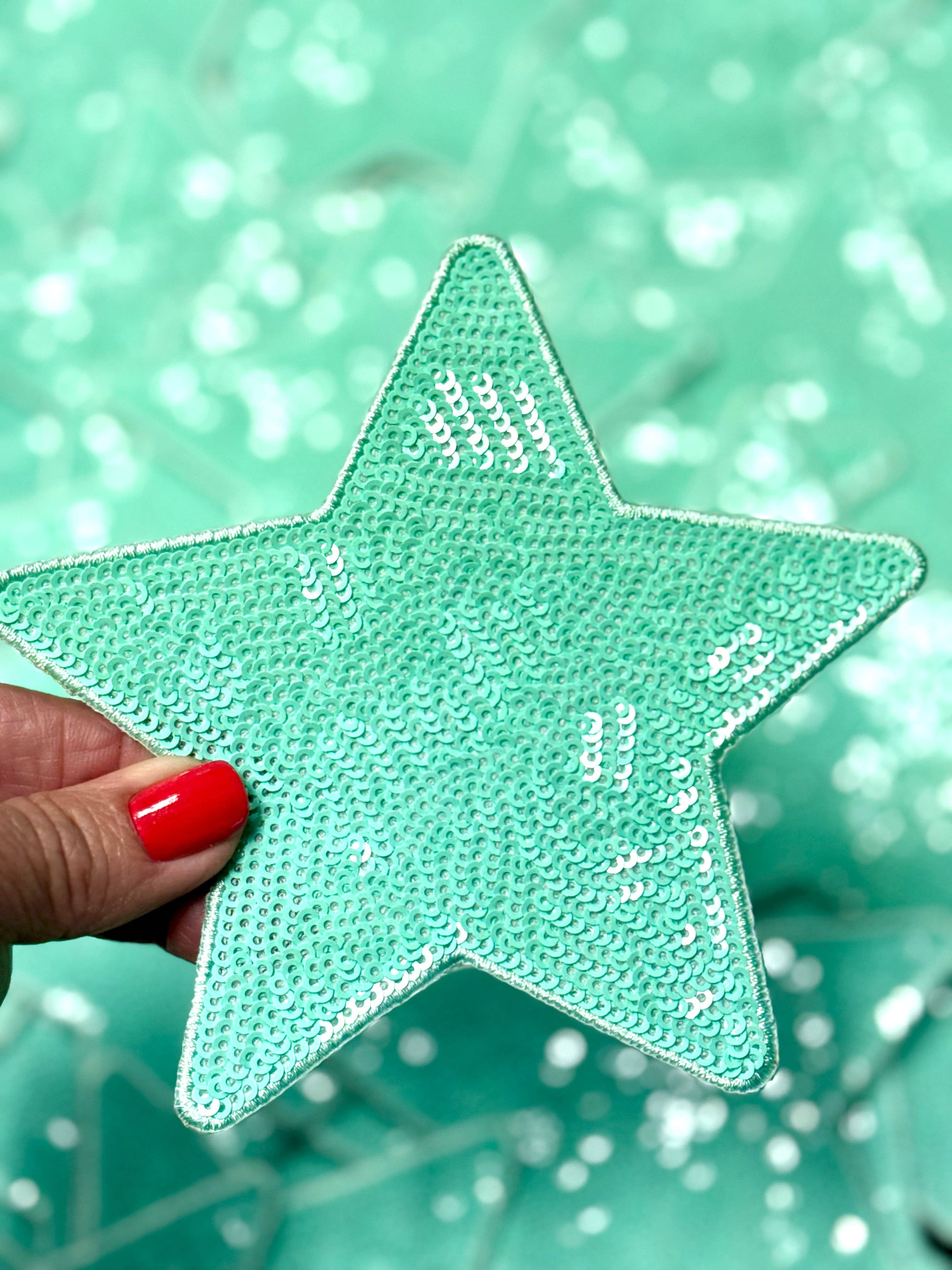 sequinandstiches - Venta al por mayor Parches - Parche con forma de estrella con lentejuelas, parche con forma de estrella de lentejuelas turquesa de 5 pulgadas, parche termoadhesivo, bricolaje, parche turquesa para sombrero de camionero, parche preppy a la moda, estrella de lentejuelas4