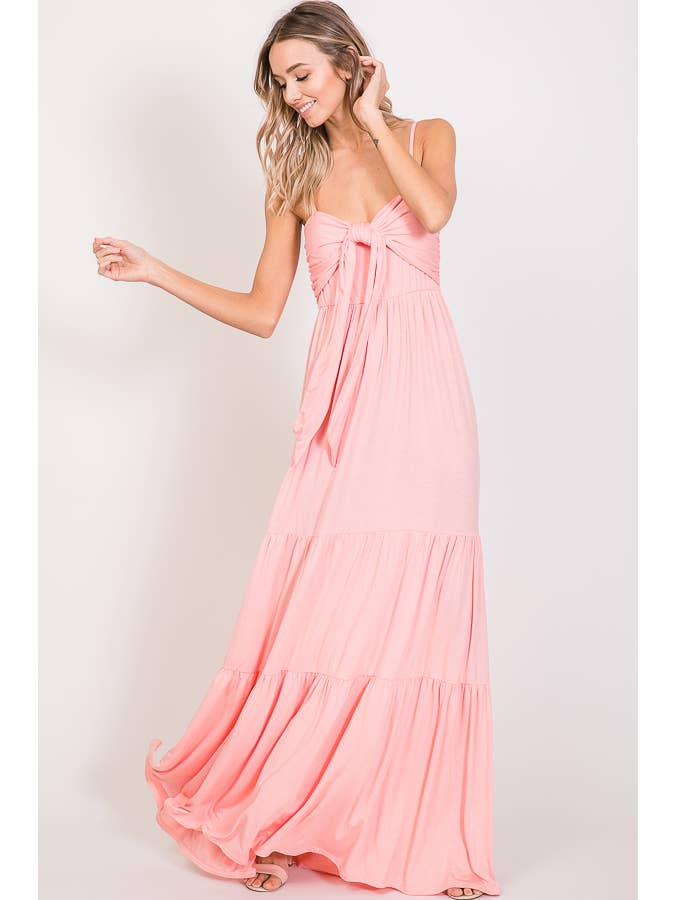 7th Ray - Wholesale Dress - Women's - Casual Front Tie Knot Spaghetti Strap Tiered Maxi DressD2307
