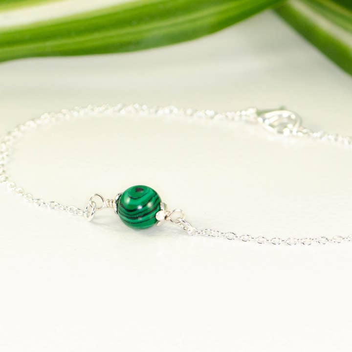Minimal Silver Plated Dainty Malachite Bracelet/Anklet for wholesale by Shokh Jewelry