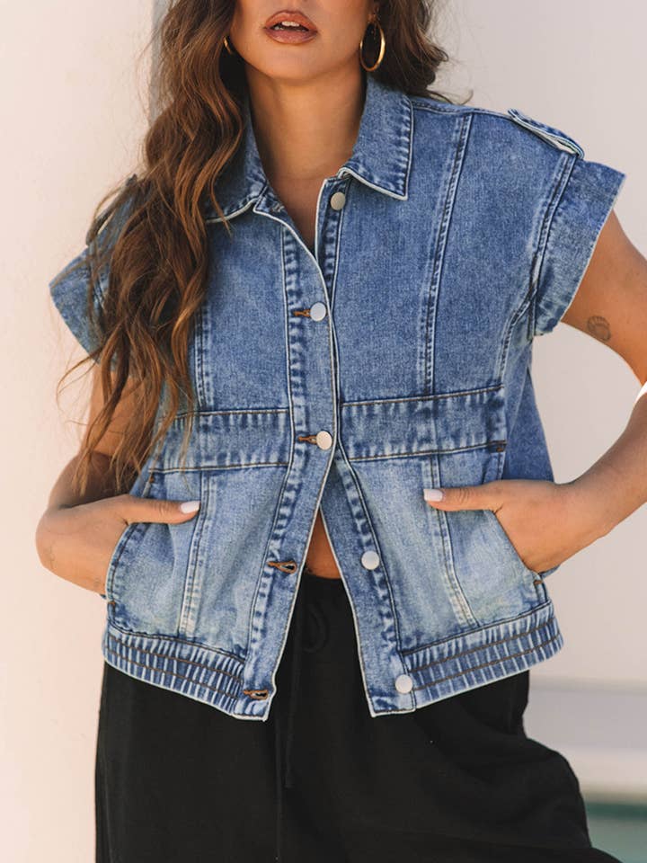 Denim Acid Wash Elastic Hem Button-Up Vest for wholesale by LALA LOO