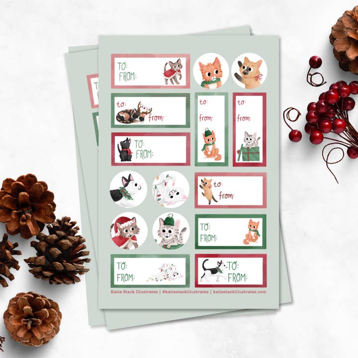 Étiquettes cadeaux - Pack de 3 autocollants - Chats pour la vente par Katie Stack Illustrates