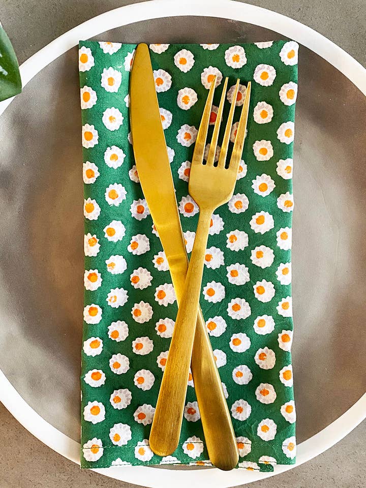 Ensemble de 4 serviettes en coton | Mini Soleils Verts pour la vente par Amisha