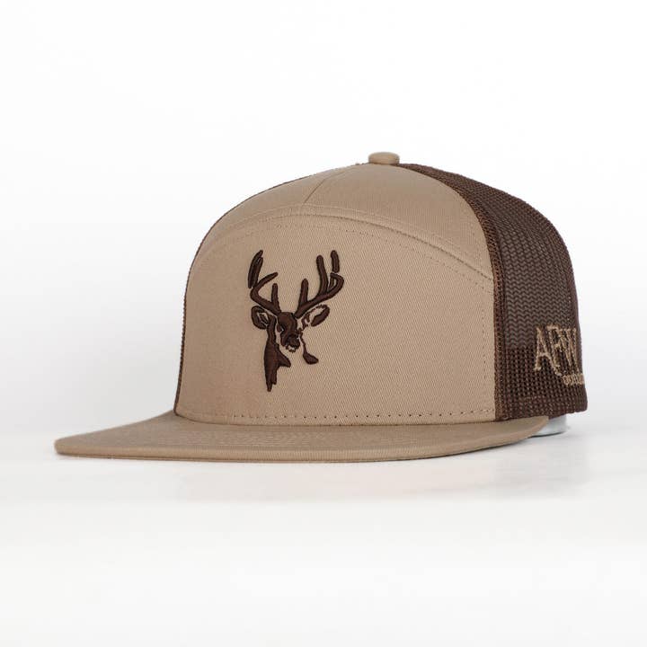 7 Panel Trucker Khaki / Coffee 3D Puff Buck Logo for wholesale by American Flyway Waterfowl