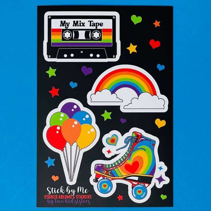 Retro Rainbow Vinyl Sticker Sheet, Roller Skates, Cassettes for wholesale by Stick by Me Stickers