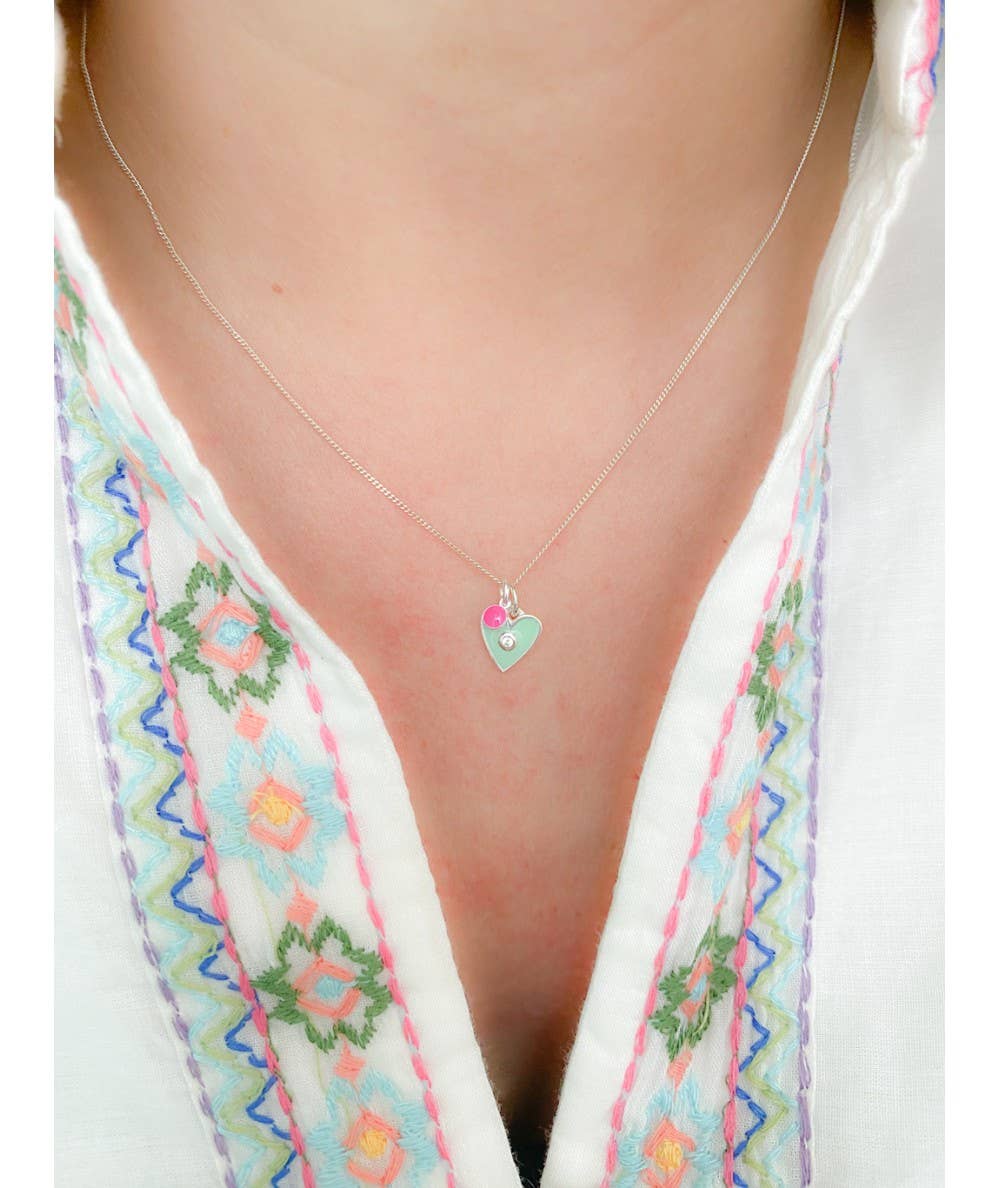 COM FORSA SL - Wholesale Pendant/Charm Necklace - Sterling Silver 925 Mint Enamelled Heart Pendant With Zircon2