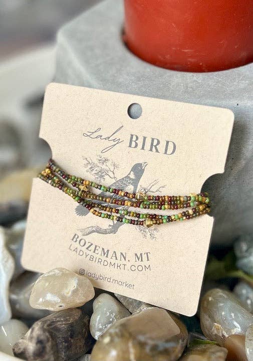 Lady Bird Market – wholesale Pärlarmband – Gröna Bruna & Guld 5-Varv Frö Pärla Omslag Stapel Armband