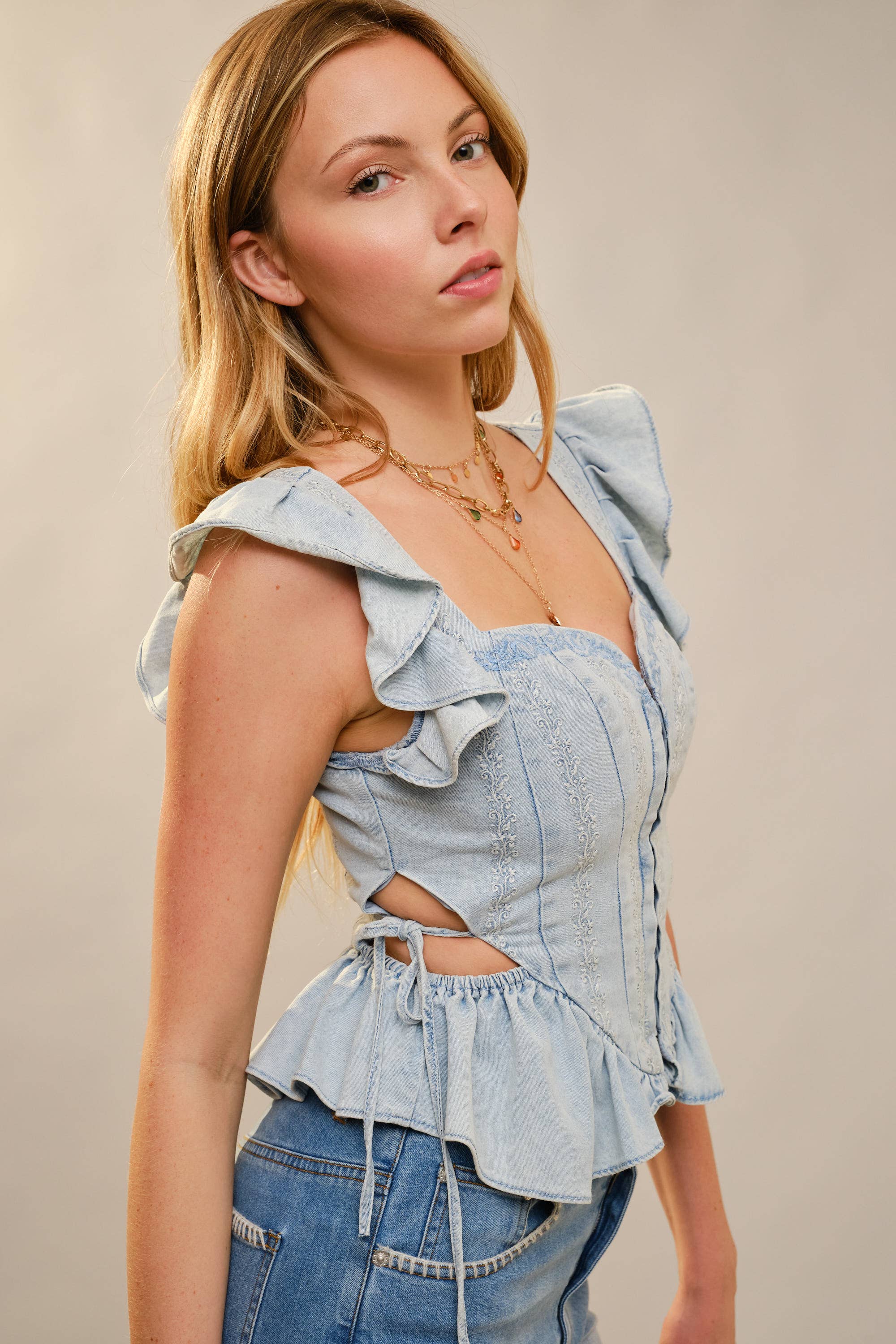 Blue B - Wholesale Blouse - Women's - 23447T - Embroidered Ruffle Sleeve Denim Corset9