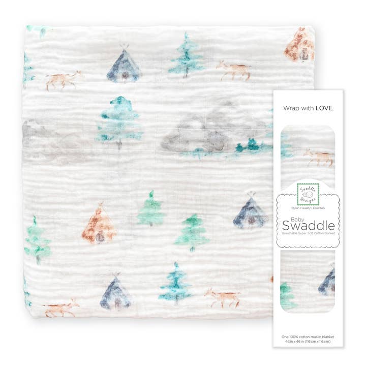 Watercolor Mountains & Trees Muslin Swaddle Blanket for wholesale by SwaddleDesigns