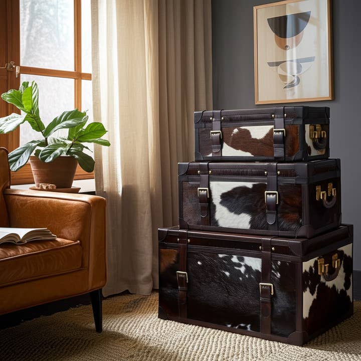 Trunk Set of 3 - Black Wood Hair On Hide Cow Print, 19/23/27 for wholesale by Sagebrook Home
